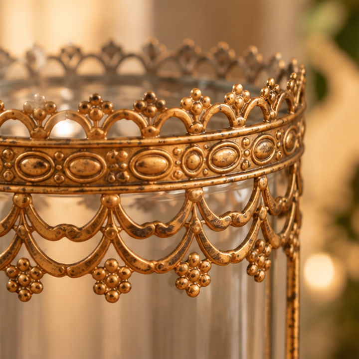 Detalle de cristal y filigrana dorada del candelabro 6J7041G