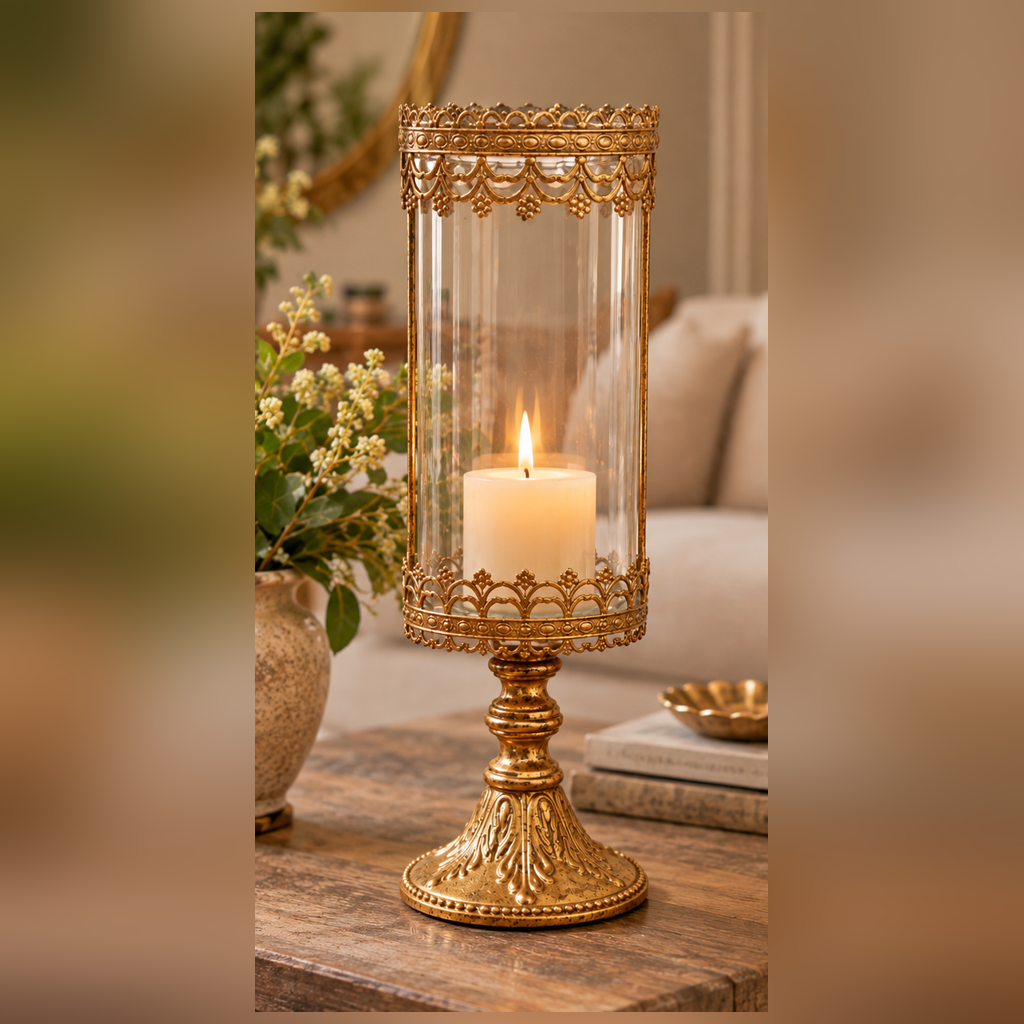 Candelabro dorado 6J7041G con cristal transparente y vela en ambiente elegante