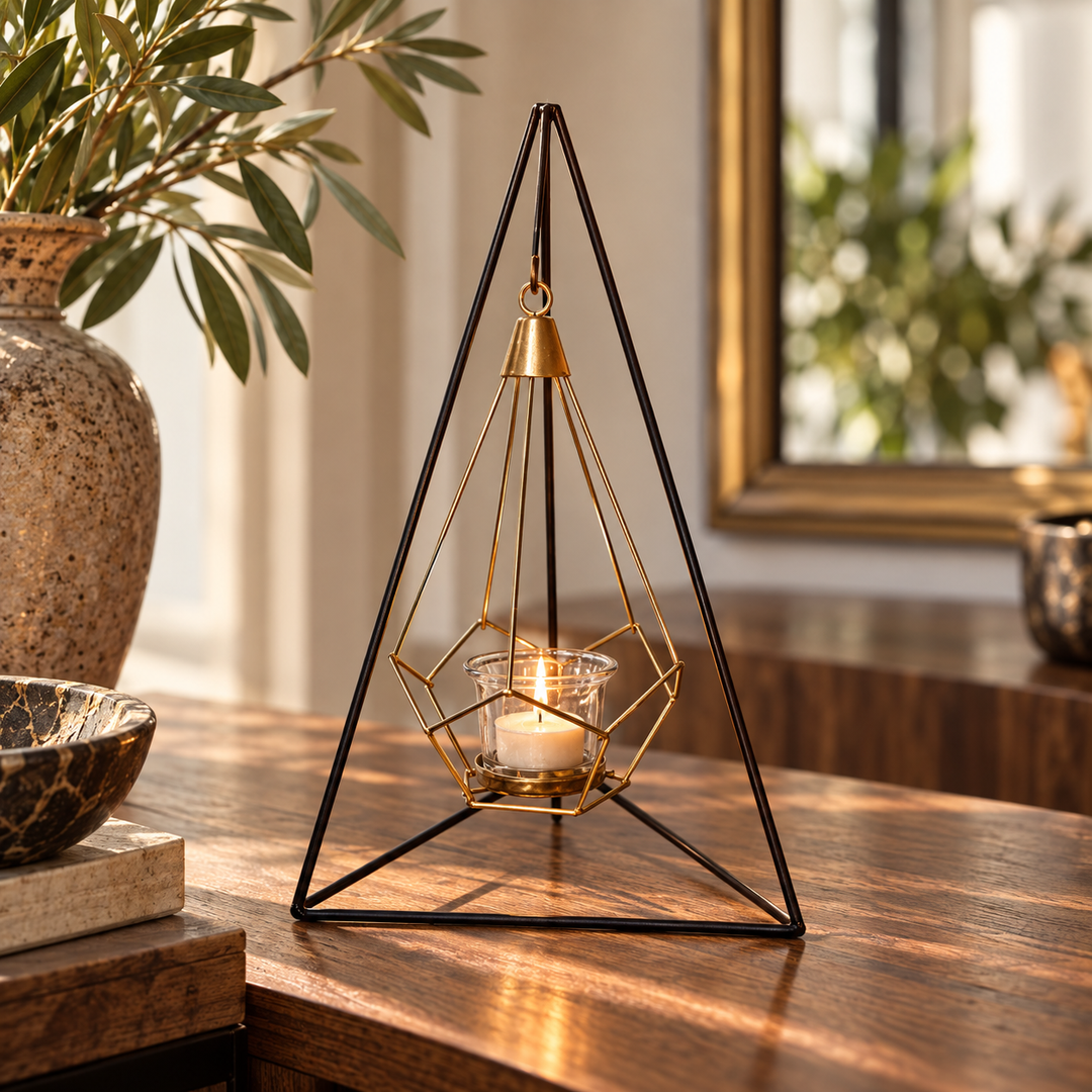 Candelabro colgante de metal con vela en interior elegante
