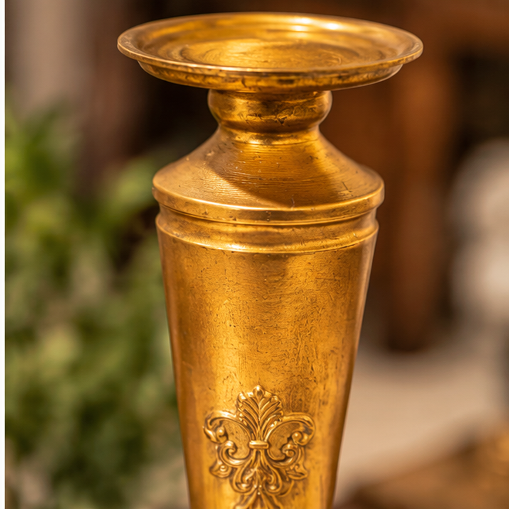 Detalle de relieve ornamental y acabado dorado del candelabro 7187