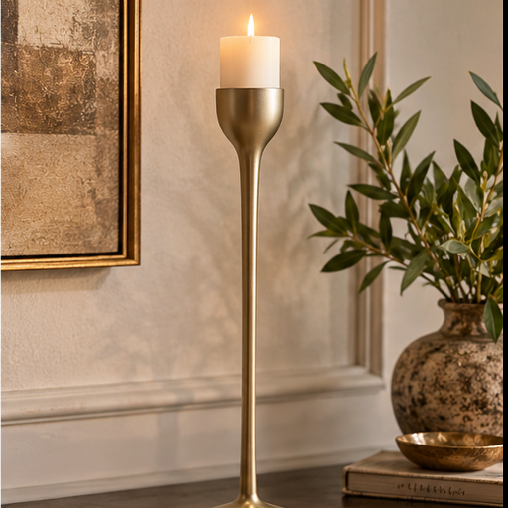 Candelabro dorado largo L decorando un aparador