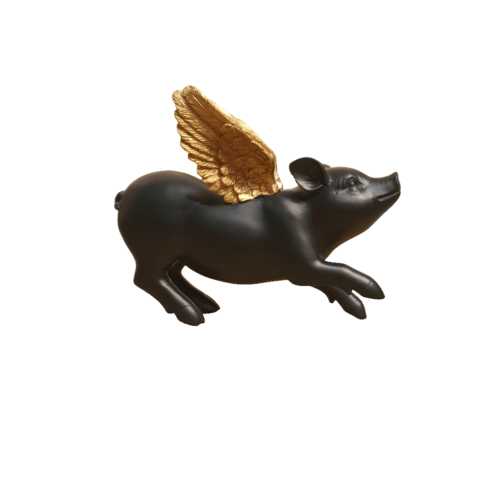 Cerdito decorativo para pared negro con alas doradas CASONA DECO animales