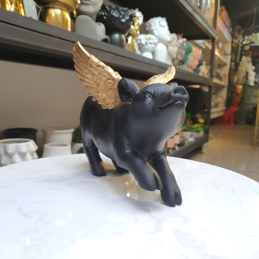 Cerdito decorativo para pared negro con alas doradas CASONA DECO animales