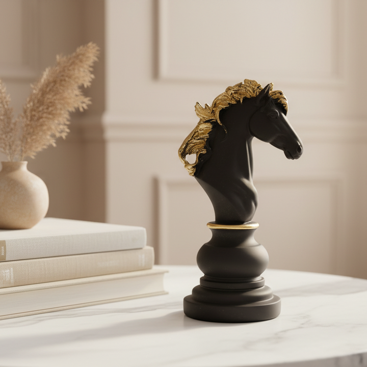 Pieza Decorativa Ajedrez: Caballo negro y dorado