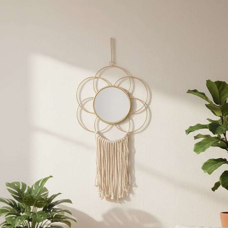 Espejo forma de Flor Dorado con Macramé CASONA DECO espejos