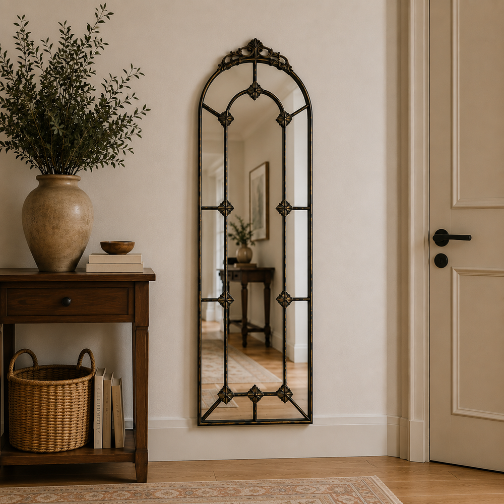 Espejo tipo ventana borde de hierro con pedestal CASONA DECO espejos