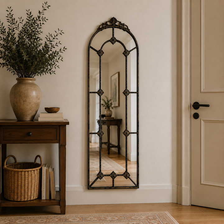Espejo tipo ventana borde de hierro con pedestal CASONA DECO espejos