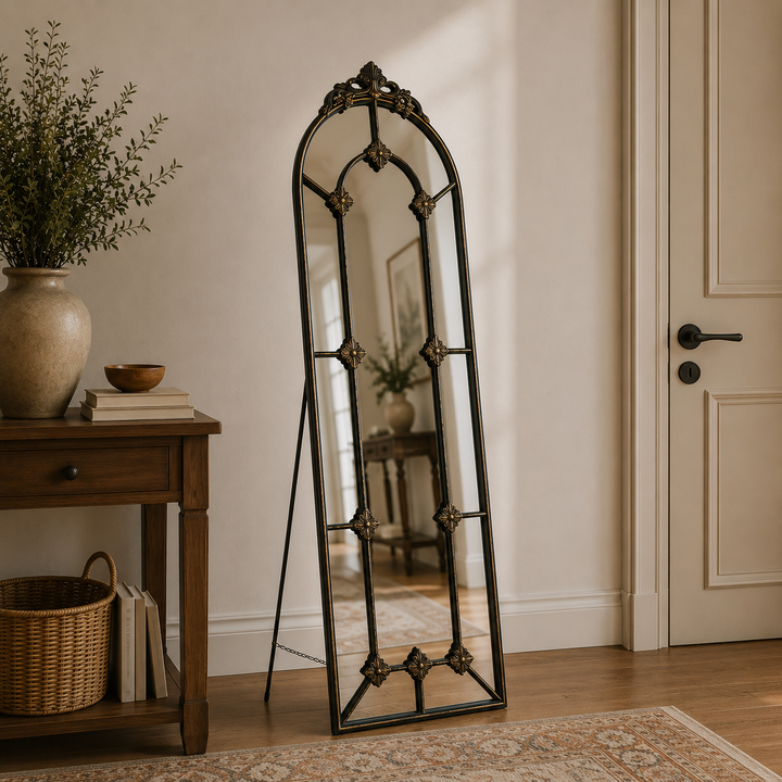 Espejo tipo ventana borde de hierro con pedestal CASONA DECO espejos