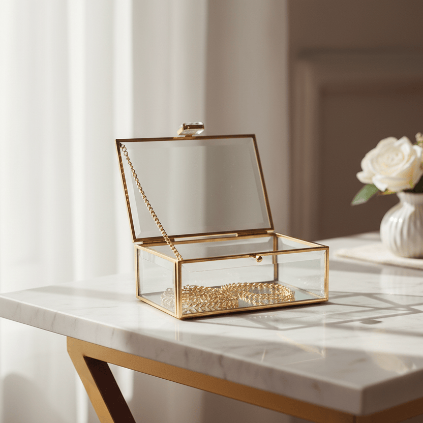 Joyero de cristal con bordes y cadena doradas CASONA DECO