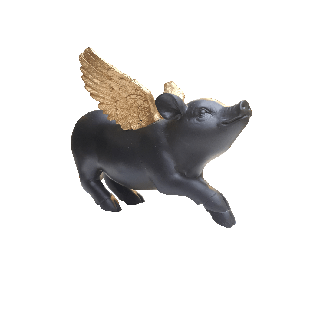 Cerdito decorativo para pared negro con alas doradas CASONA DECO animales