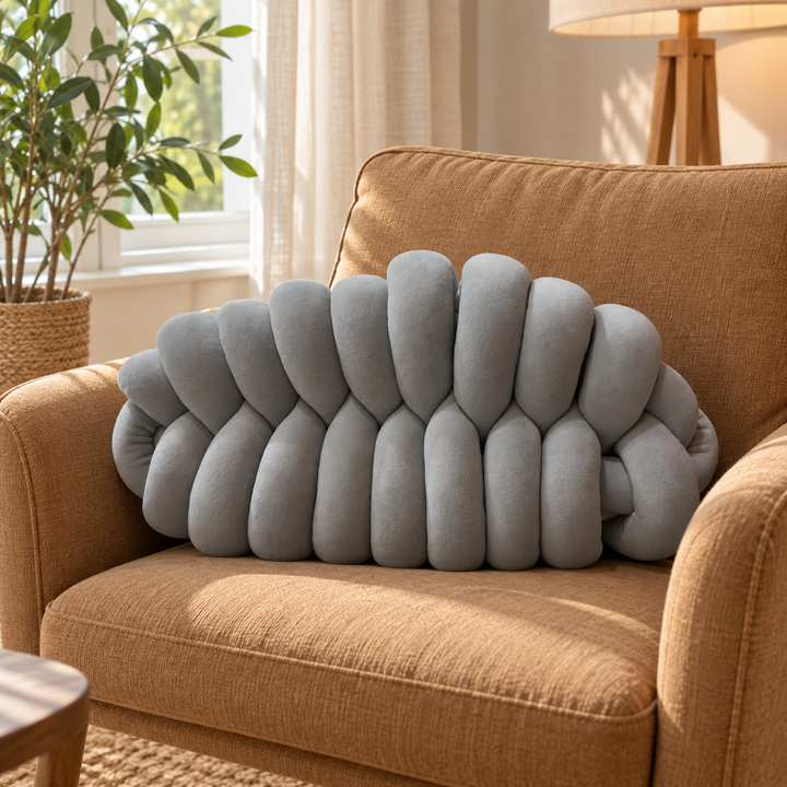 Cojín trenzado gris en sillón camel