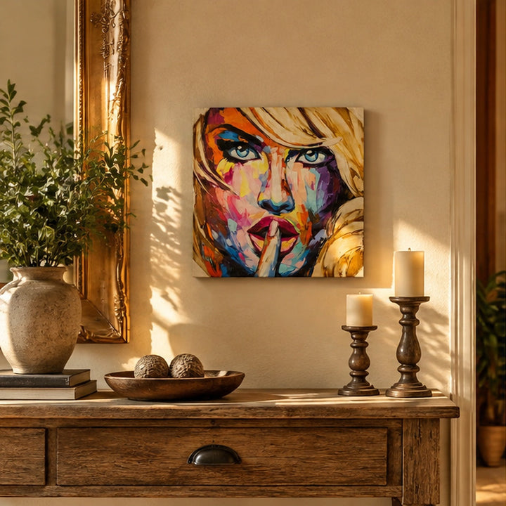 Cuadro arte pop rostro silencio 45 x 45 cm sobre consola en recibidor, tamaño proporcional