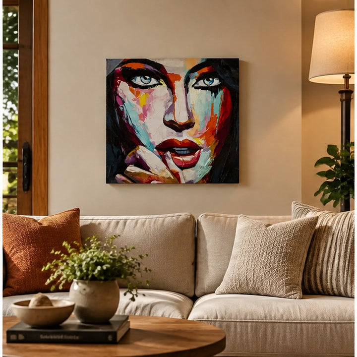 Cuadro Rostro Abstracto Mirada Azul 45 x 45 cm en living sobre sofá