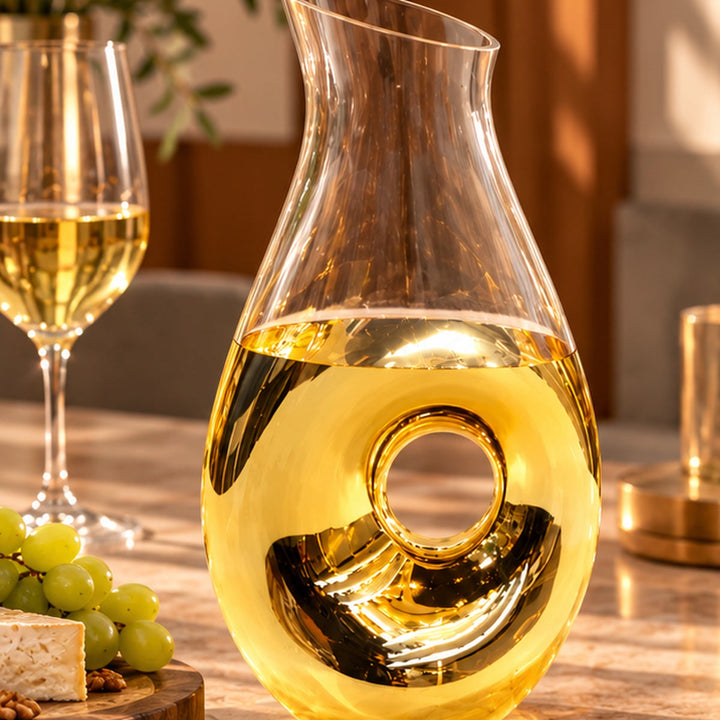 Decantador decorativo en comedor con copa de vino y luz natural