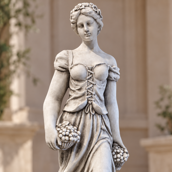 Detalle del rostro, vestido y canastos de la Doncella de la cosecha
