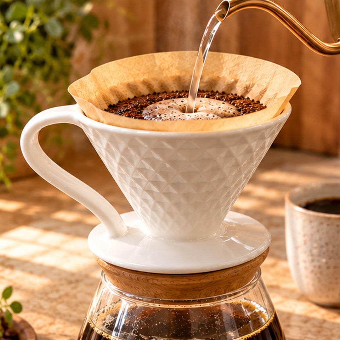 Dripper V60 blanco preparando café en jarra, formato cuadrado