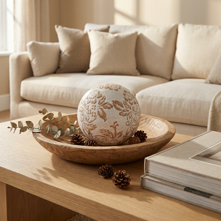 Esfera decorativa floral en bowl de madera en living