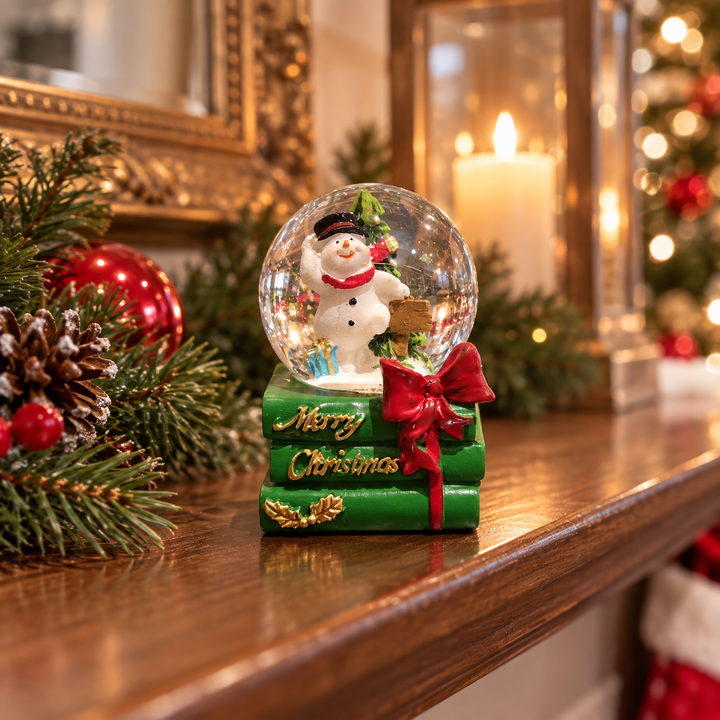 Esfera navideña pequeña en repisa decorada