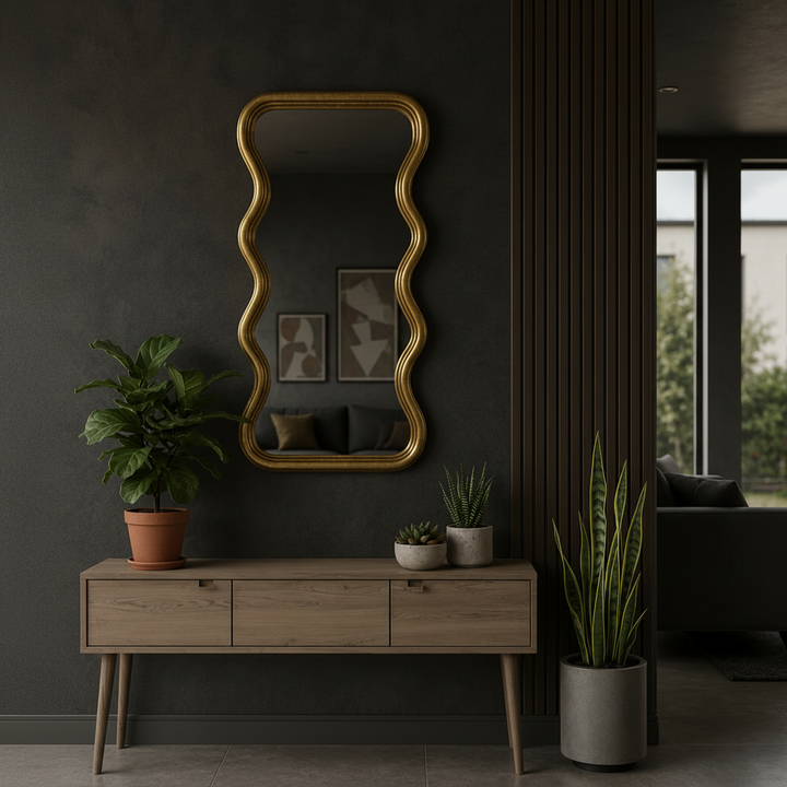 Espejo ondulado dorado Casona Deco en ambiente