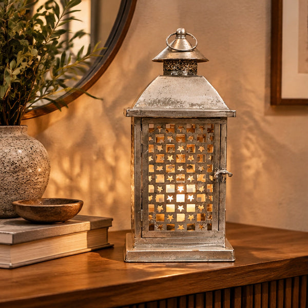 Fanal Decorativo Estrellas Plateado Envejecido