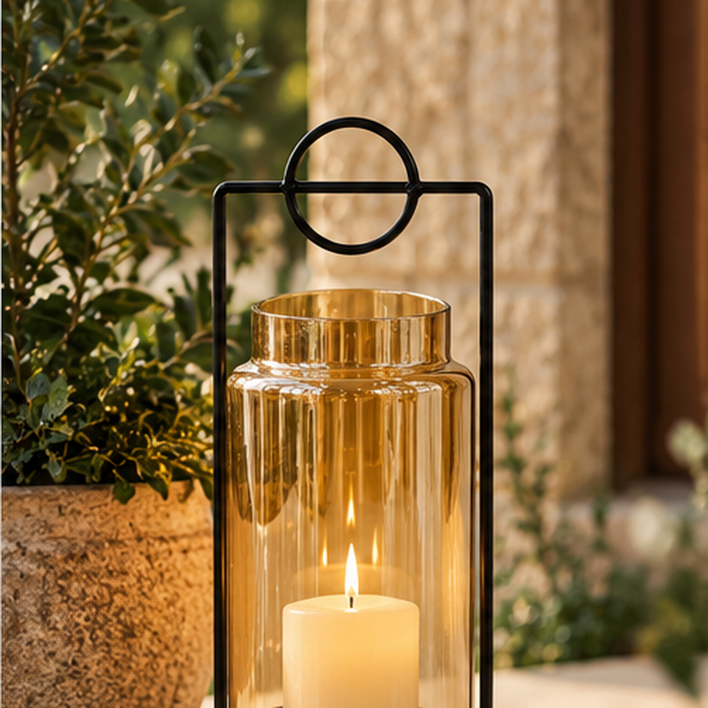 Farol ámbar decorativo en terraza