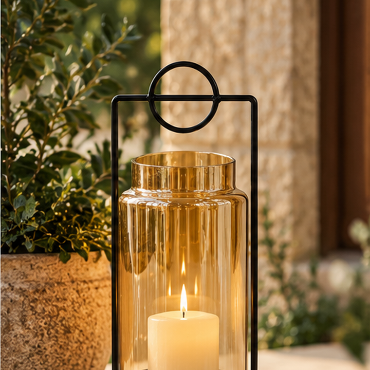 Farol ámbar decorativo en terraza