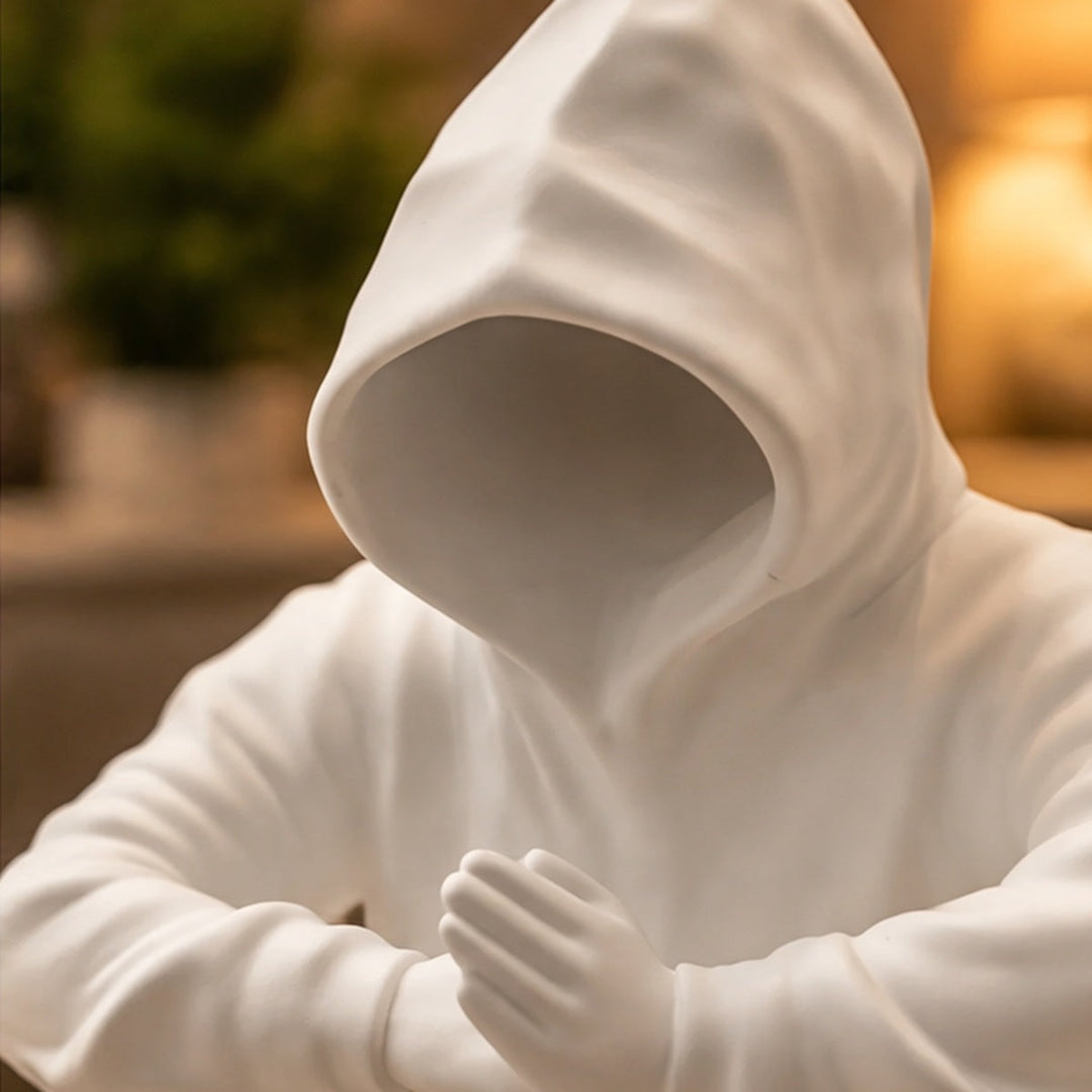 Detalle de capucha sin rostro y manos de escultura blanca