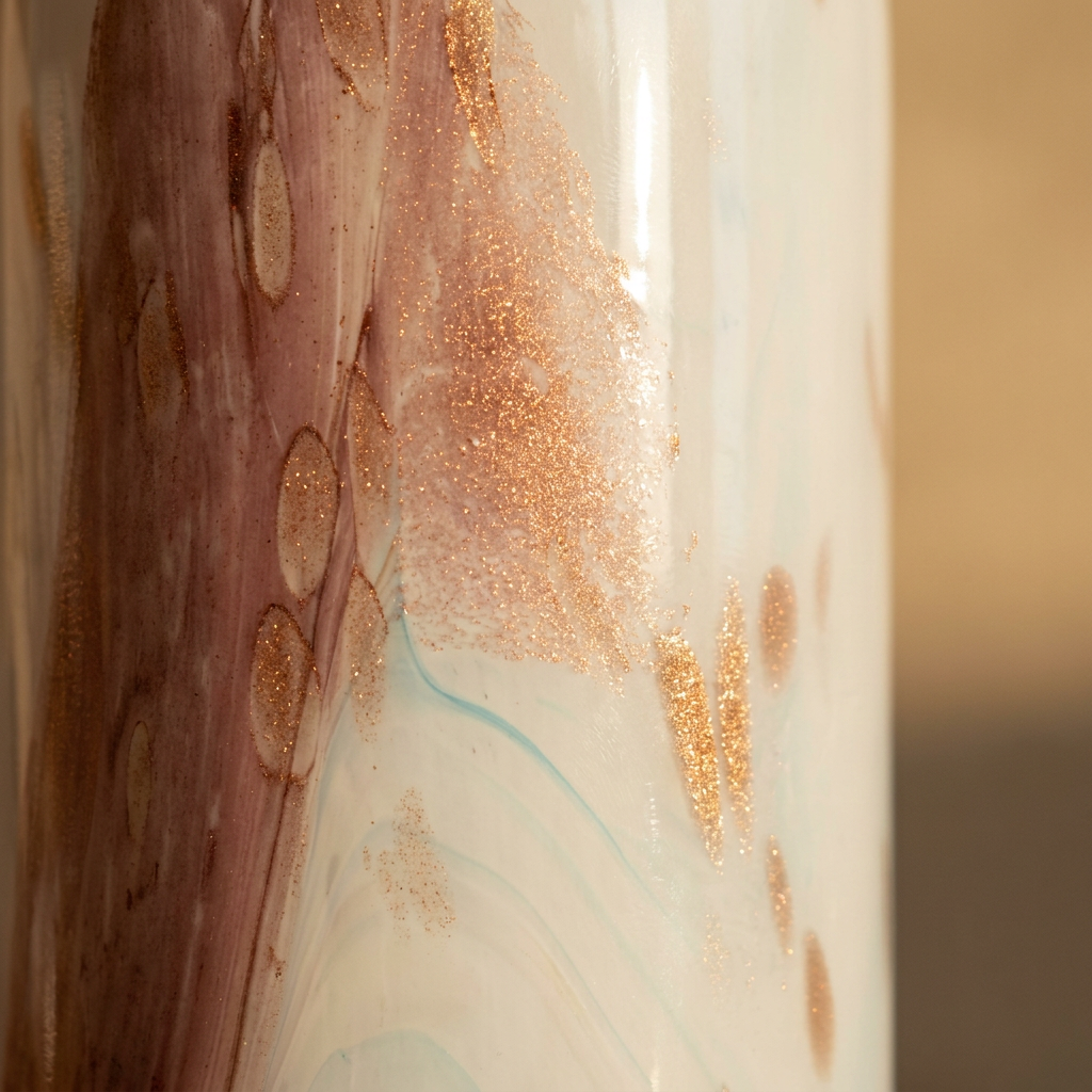 Detalle del vidrio con vetas rosa y destellos dorados