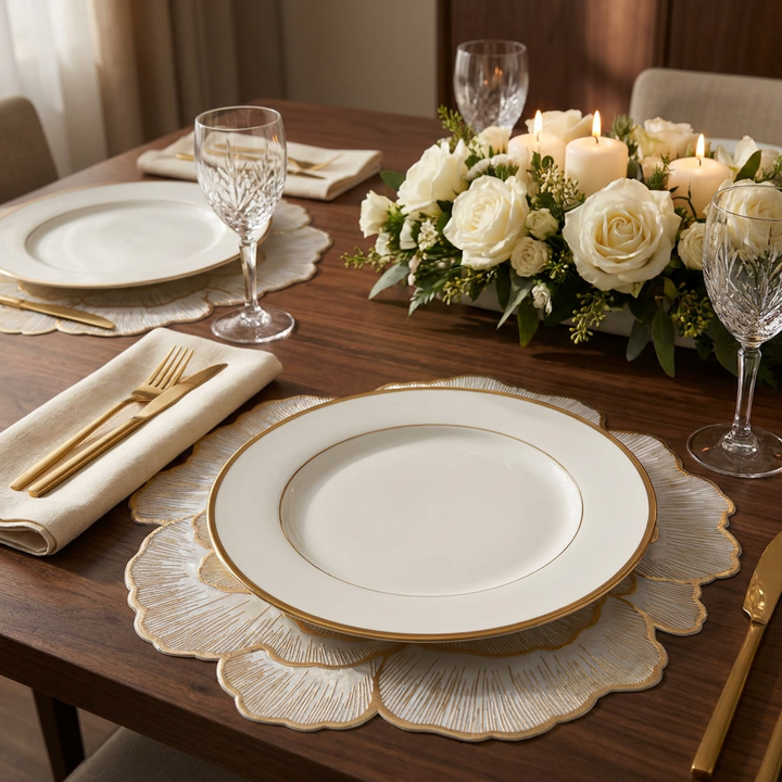 Mesa servida con individual flor  dorado
