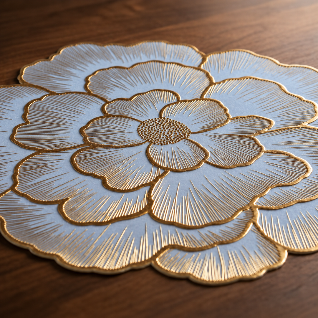 Detalle de pétalos grises y relieve dorado del individual flor