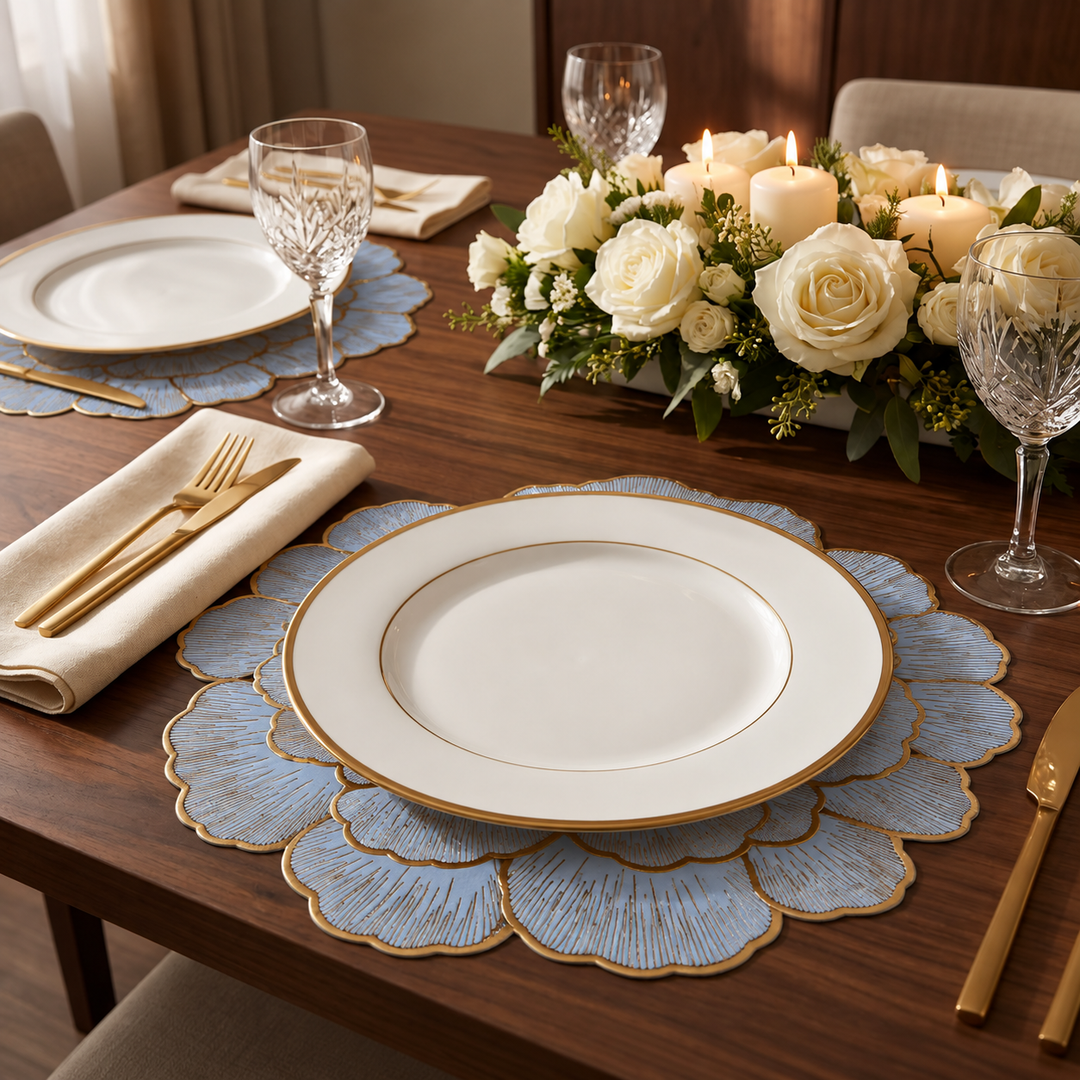 Mesa servida con individual flor gris y relieve dorado