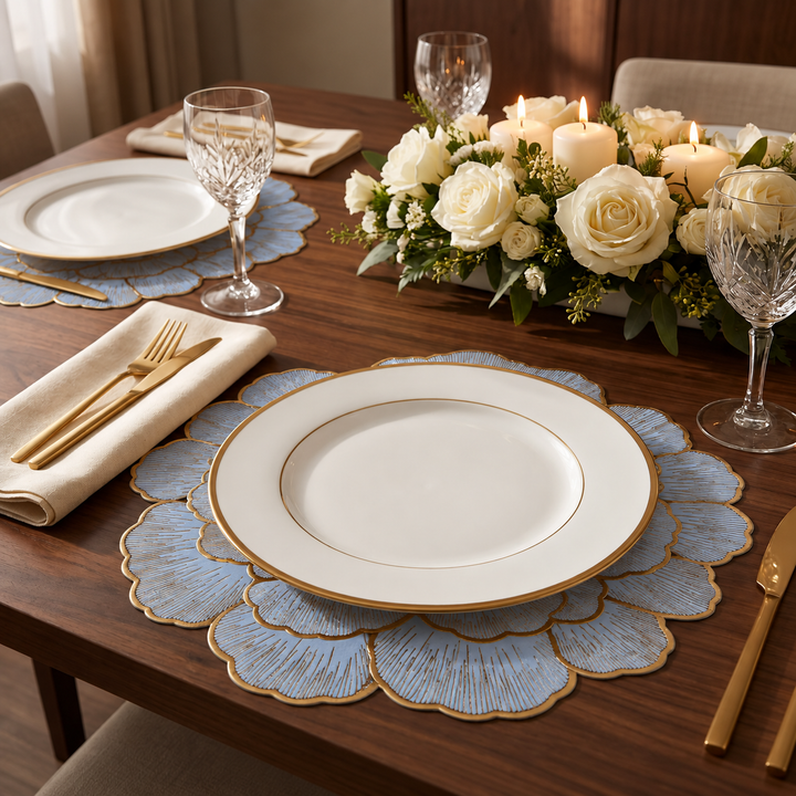 Mesa servida con individual flor gris y relieve dorado