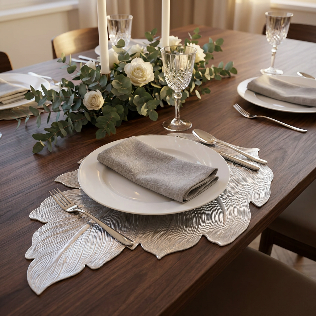 Mesa servida con individual hoja plateado