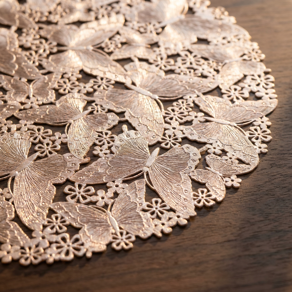 Detalle del calado de mariposas y flores del individual oro rosa