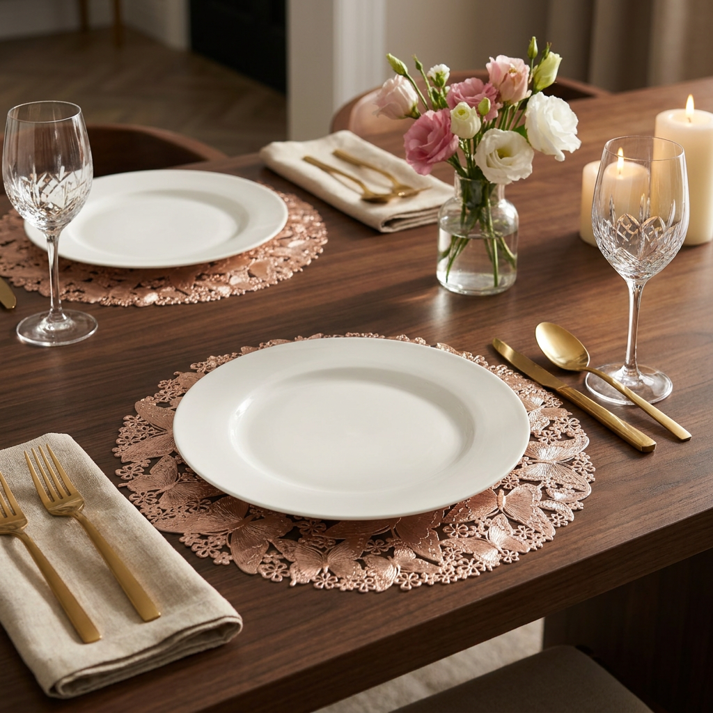 Mesa servida con individual de mariposas oro rosa