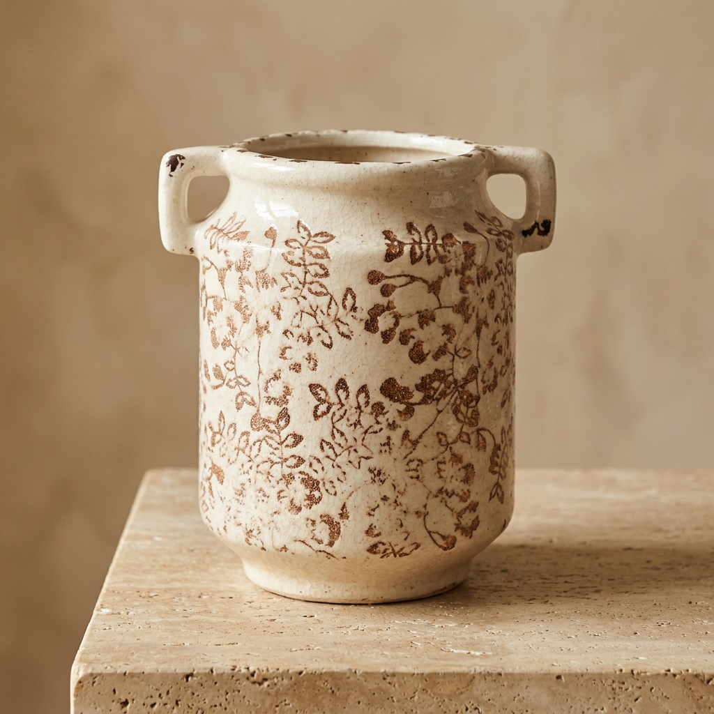 Jarrón de cerámica con asas crema y floral café