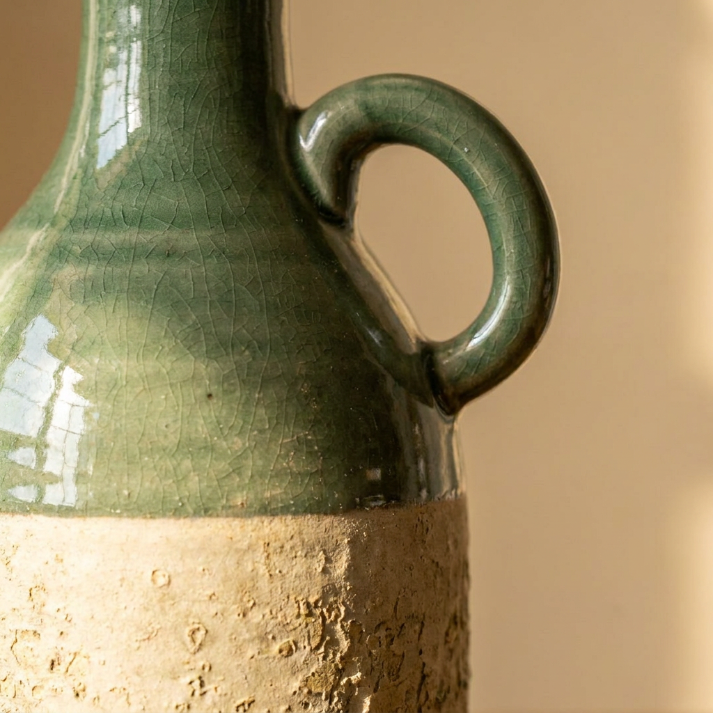 Detalle del asa y esmalte craquelado verde del jarrón