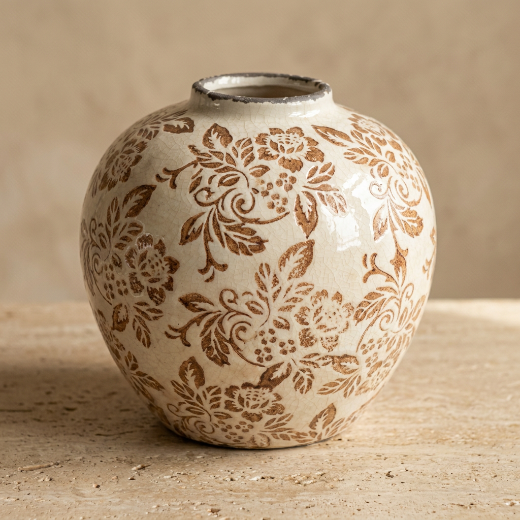 Jarrón globo de cerámica crema con floral café