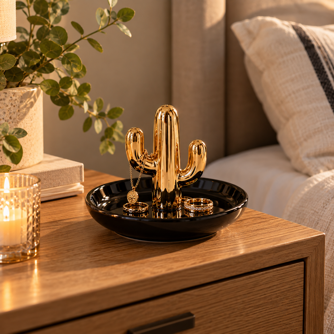 Joyero Negro Cactus Dorado en dormitorio - Casona Deco