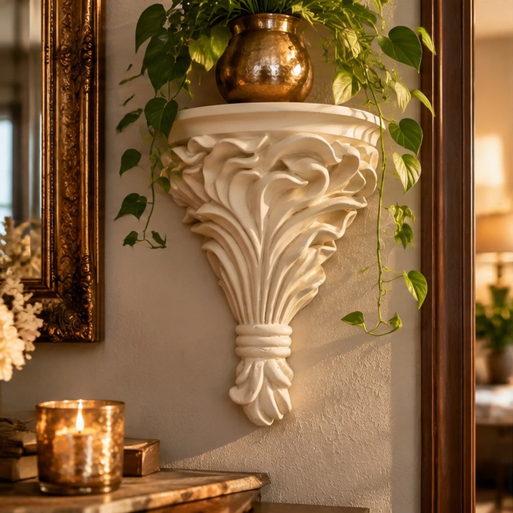 Ménsula color marfil con planta decorativa en muro elegante
