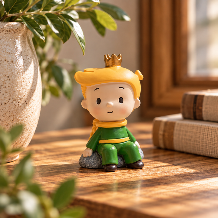 Mini Principito sentado en escena decorativa cálida