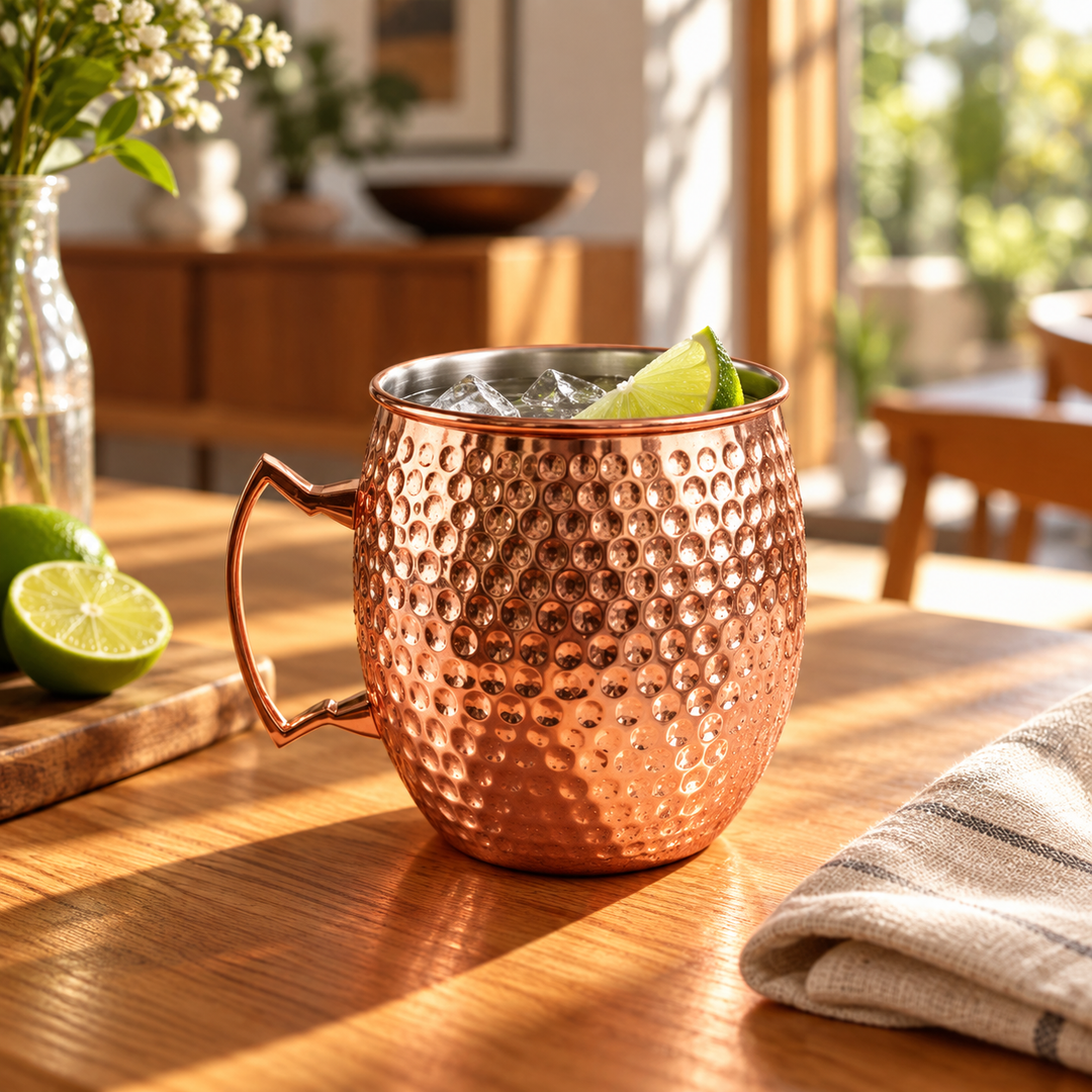 Mug XXL color Cobre con cóctel en mesa de madera