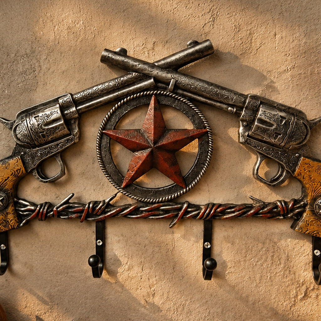 Detalle frontal de percha con dos pistolas y estrella central