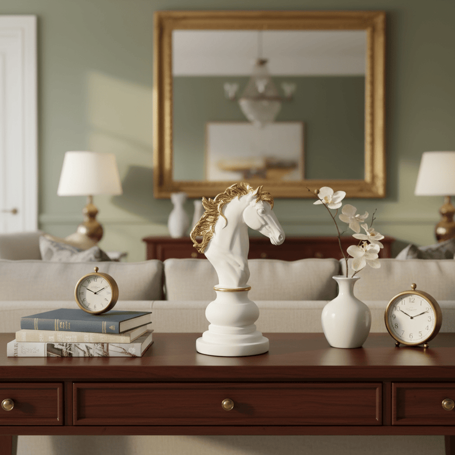 Pieza Decorativa Ajedrez: Caballo Blanco y Dorado CASONA DECO animales