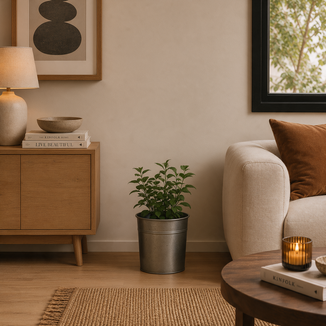 Porta maceta cilíndrico gris mate tamaño pequeño con planta Casona Deco