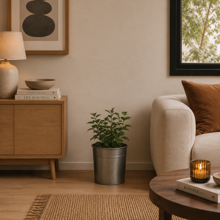 Porta maceta cilíndrico gris mate tamaño pequeño con planta Casona Deco