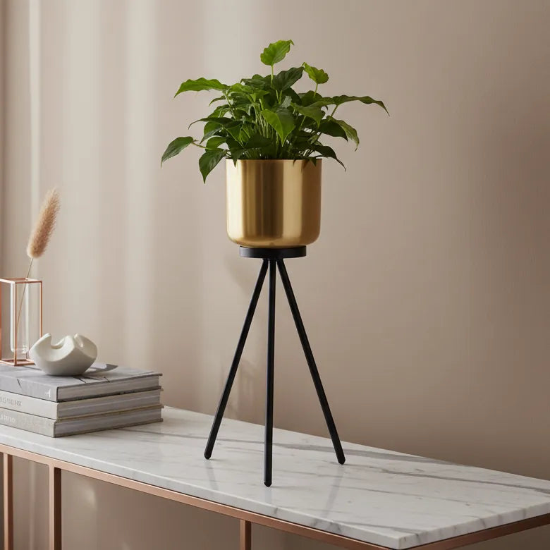 Porta Maceta Dorada Pedestal Negro S CASONA DECO decoracion