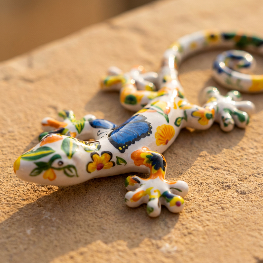 Detalle de salamandra decorativa con mariposa azul