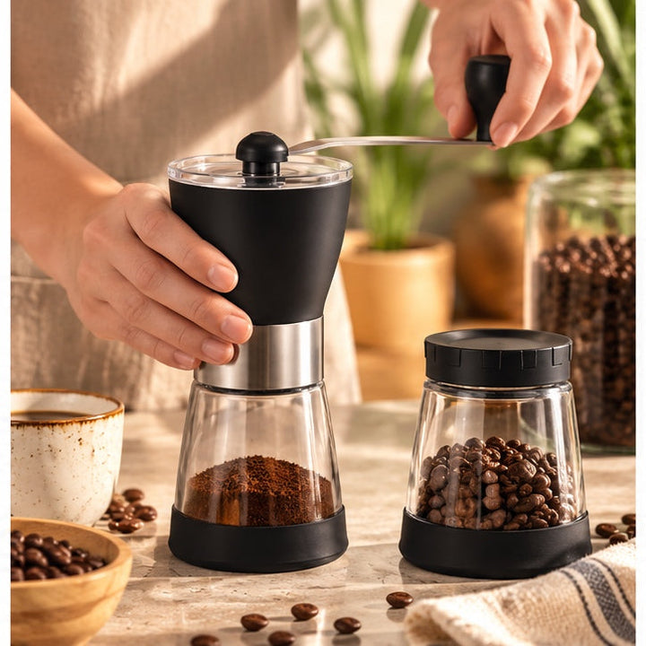 Molinillo manual de café en uso con frasco