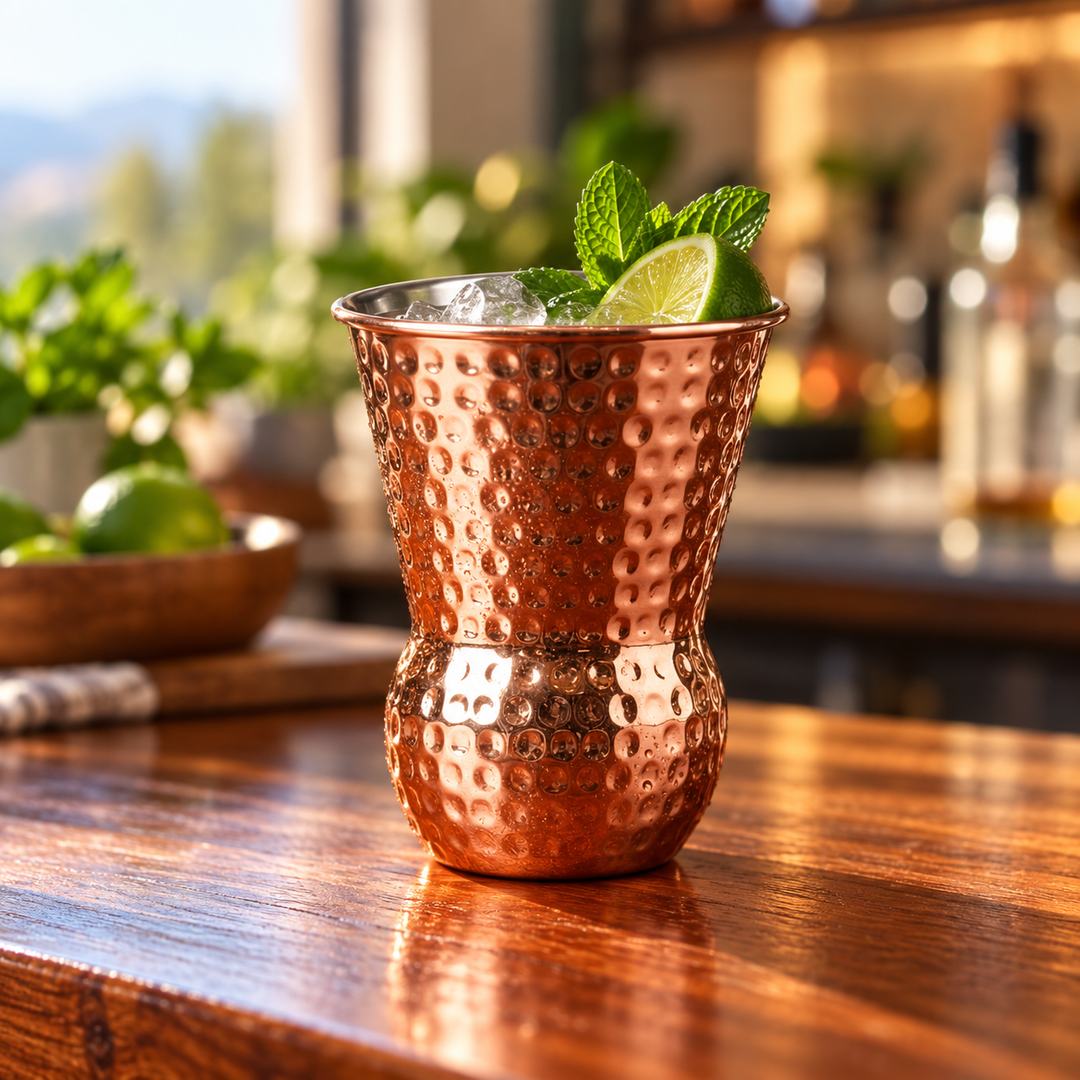 Vaso color Cobre con cóctel en barra de madera